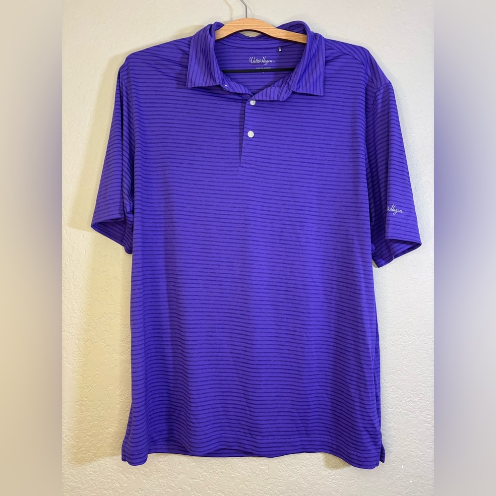 Walter Hagen Mens HydroDri Purple Stripe Polo Mens L Short Sleeve UPF 25 Shirt